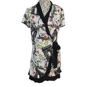 DIAMOND Vintage Parisian Chic Wrap Top Eiffel Tower Rose Print Short Sleeve Robe
